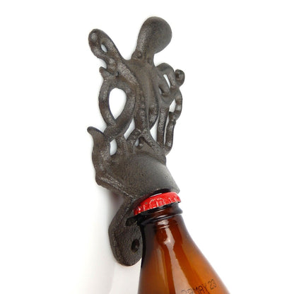 Octopus Beer Bottle Opener Wall Mounted Nautical Rustic Brown Finish Cast Iron