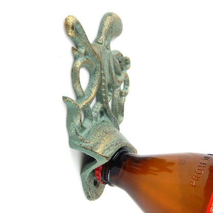 Nautical Octopus Beer Bottle Opener Cast Iron Wall Mounted Verdigris Green Gold