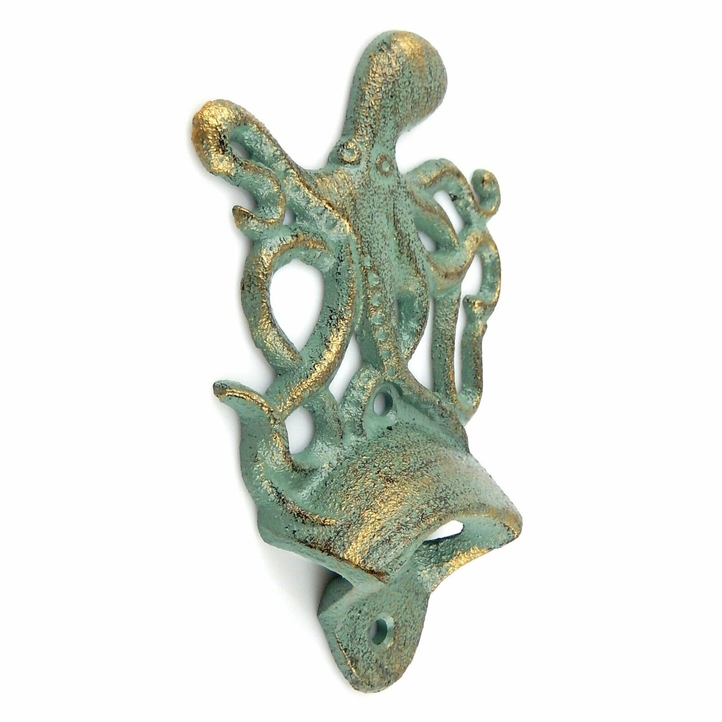 Nautical Octopus Beer Bottle Opener Cast Iron Wall Mounted Verdigris Green Gold