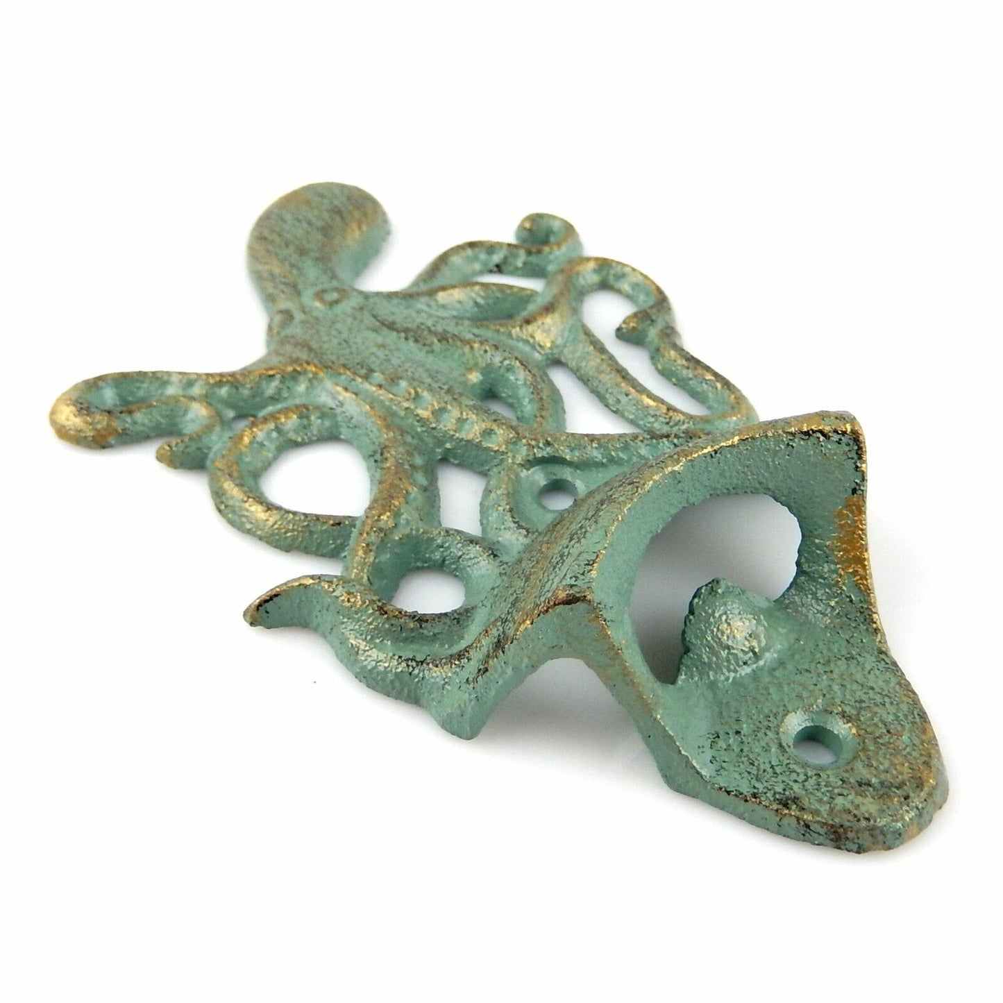 Nautical Octopus Beer Bottle Opener Cast Iron Wall Mounted Verdigris Green Gold