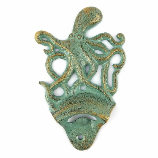 Nautical Octopus Beer Bottle Opener Cast Iron Wall Mounted Verdigris Green Gold