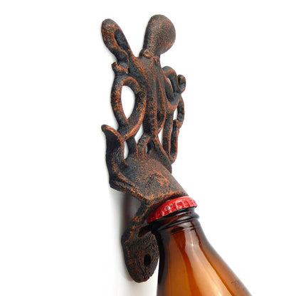 Octopus Beer Bottle Opener Cast Iron Wall Mount Nautical Rustic Copper Finish