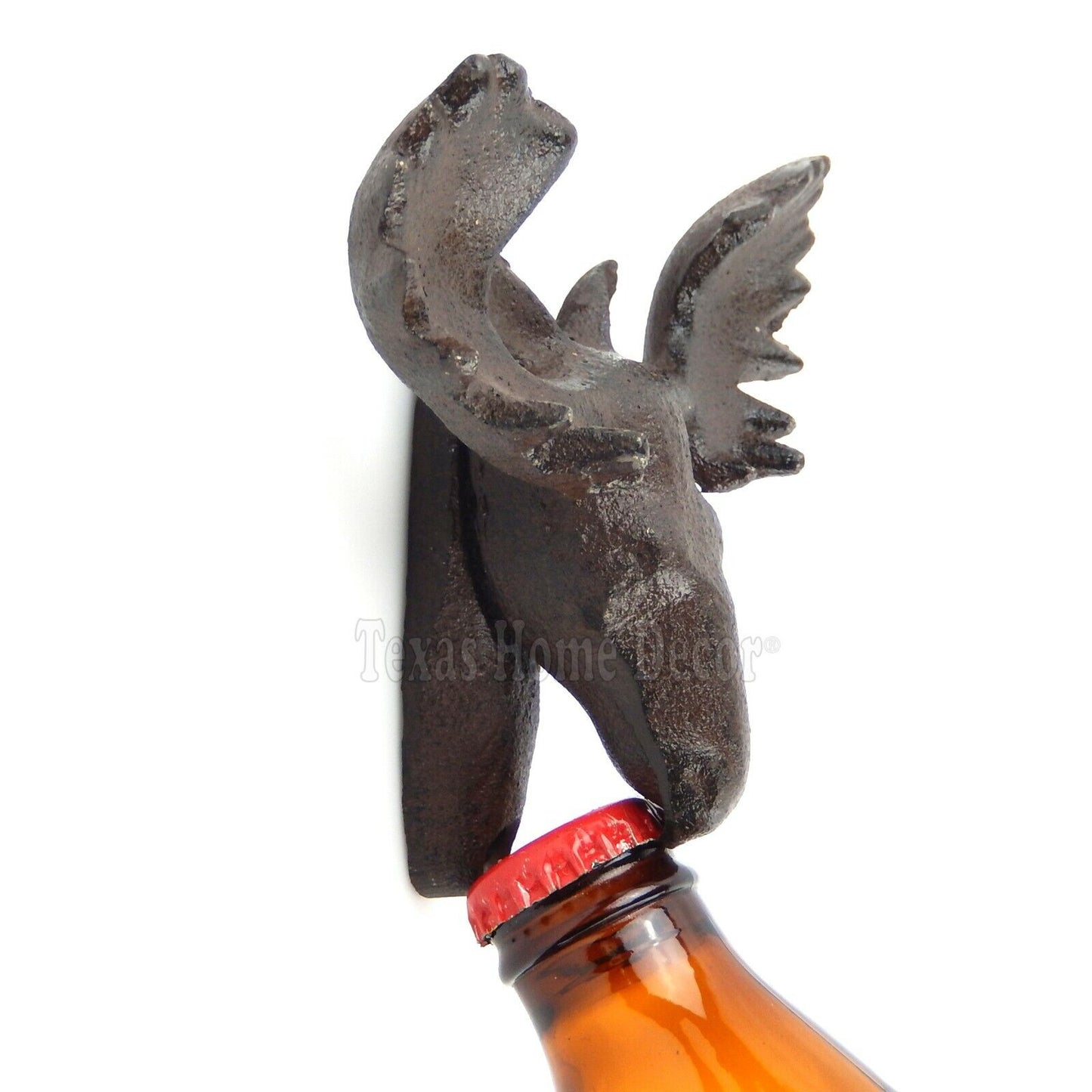 Moose Head Beer Bottle Opener Cast Iron Wall Mounted Rustic Brown Cabin Lodge