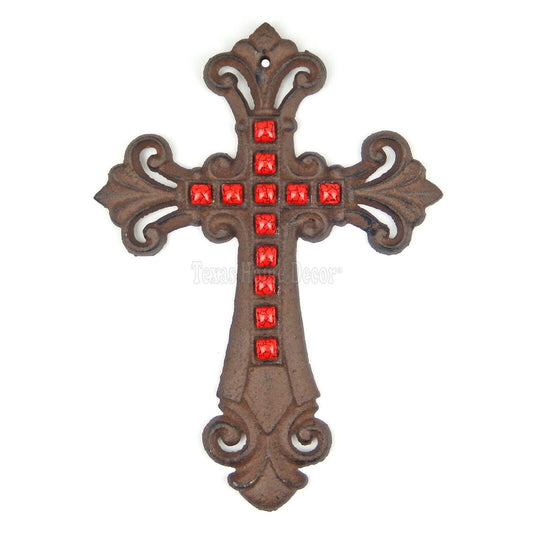 Red Faux Stones Fleur De Lis Wall Cross Cast Iron Rustic Finish Victorian Decor