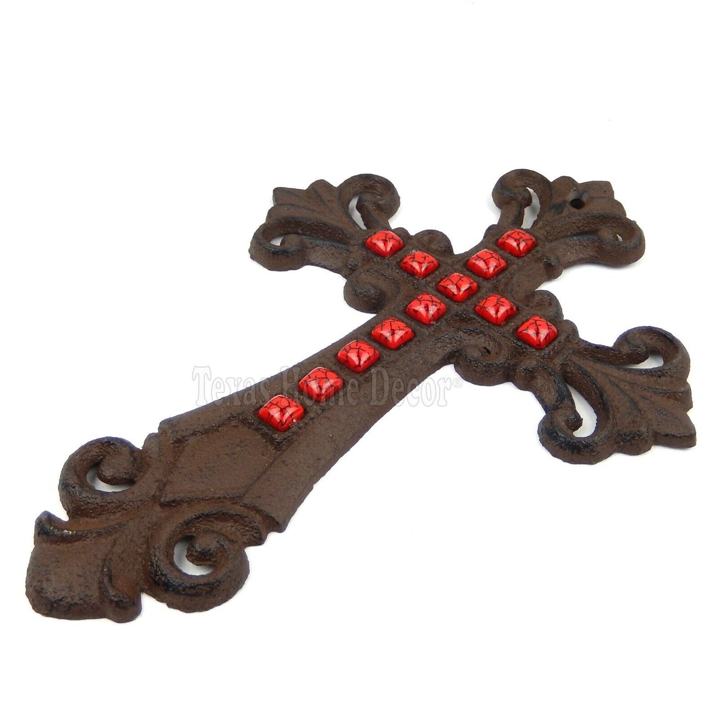 Red Faux Stones Fleur De Lis Wall Cross Cast Iron Rustic Finish Victorian Decor