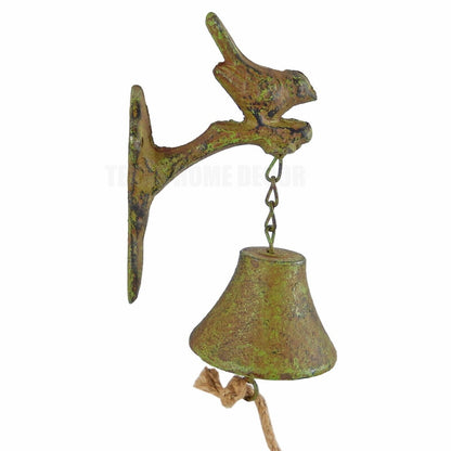 Bird Tree Branch Dinner Bell Cast Iron Wall Mounted Rustic Green Antique Style