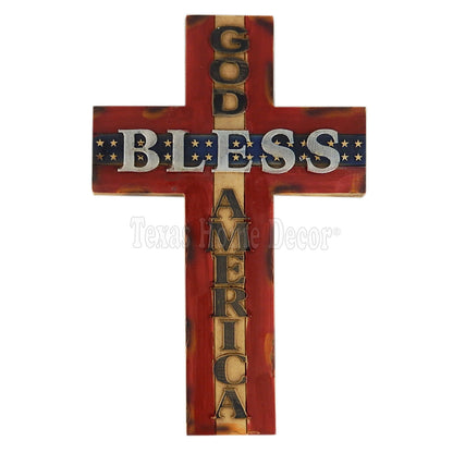 God Bless America Wall Cross Faux Wood Look Wall Mounted Red White Blue 14 inch