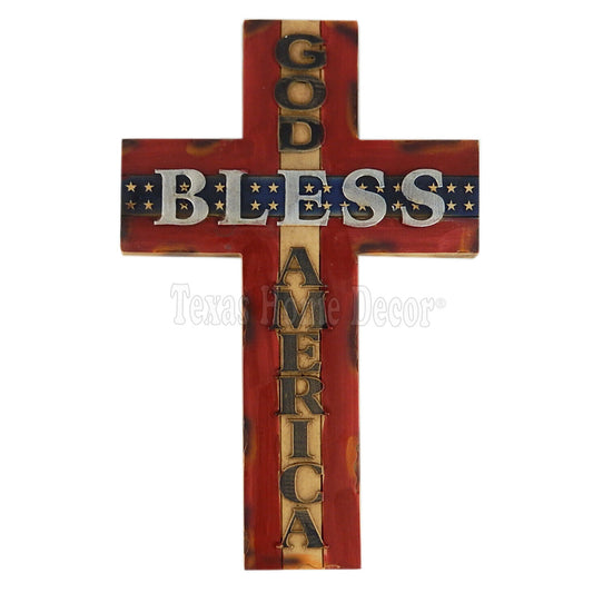 God Bless America Wall Cross Faux Wood Look Wall Mounted Red White Blue 14 inch