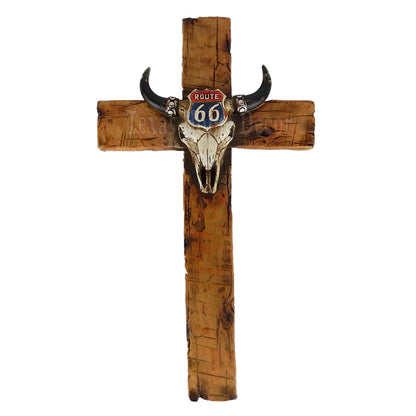 Route 66 Steer Longhorn Wall Cross Faux Wood Look Western Wall Mounted 14 inch