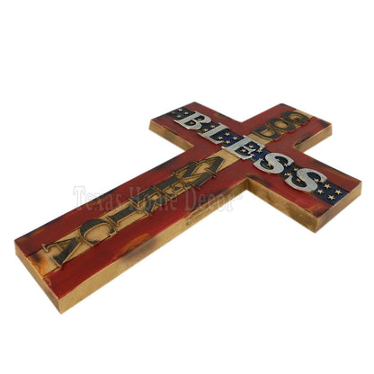 God Bless America Wall Cross Faux Wood Look Wall Mounted Red White Blue 14 inch