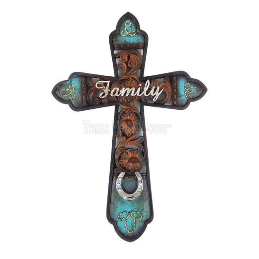 Family Wall Cross Western Rust Flowery Accents Horseshoe Polyresin 11 1/2 inch