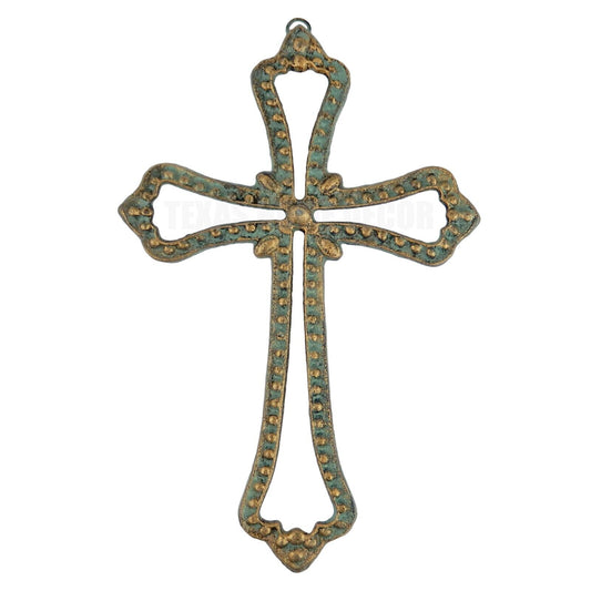 Beaded Wall Cross Outline Flower Cast Iron Verdigris Green Gold Rustic Finish