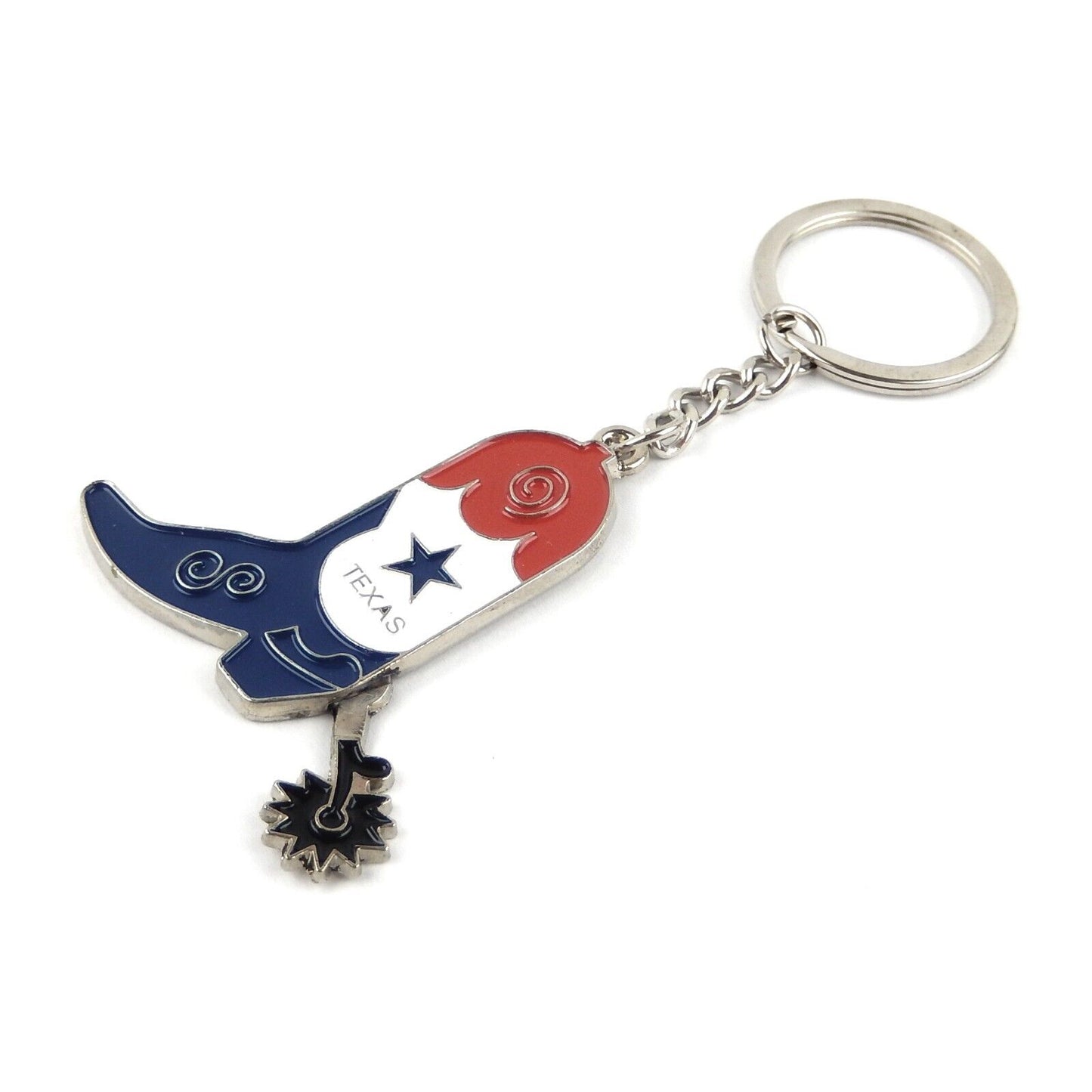 Metal Texas Flag Boot Spur Key Fob With Chain Split Ring Enamel Color Inlay