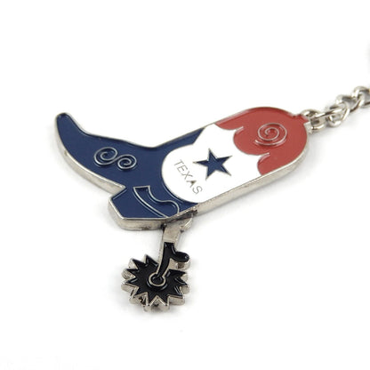 Metal Texas Flag Boot Spur Key Fob With Chain Split Ring Enamel Color Inlay