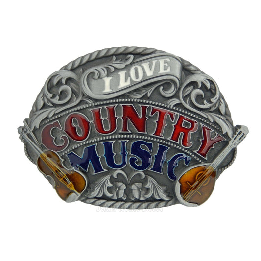 I Love Country Music Belt Buckle Floral Antique Silver Enamel Fits 1.5" Belts