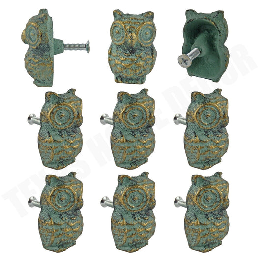 Cast Iron Owl Cabinet Drawer Door Knob Pull Verdigris Antique Style (Pack of 6)