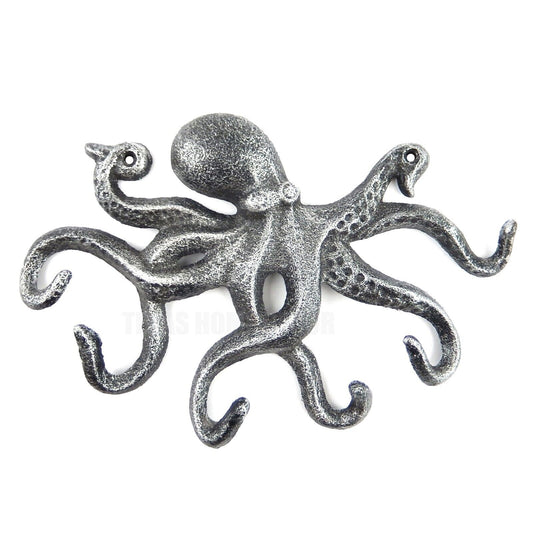 Octopus Wall Hook Cast Iron Key Rack Towel Coat Hanger Antique Silver Nautical