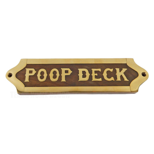 Wooden Poop Deck Wall Plaque Sign Brass Plated Outline Ship Nautical Decor 8 in