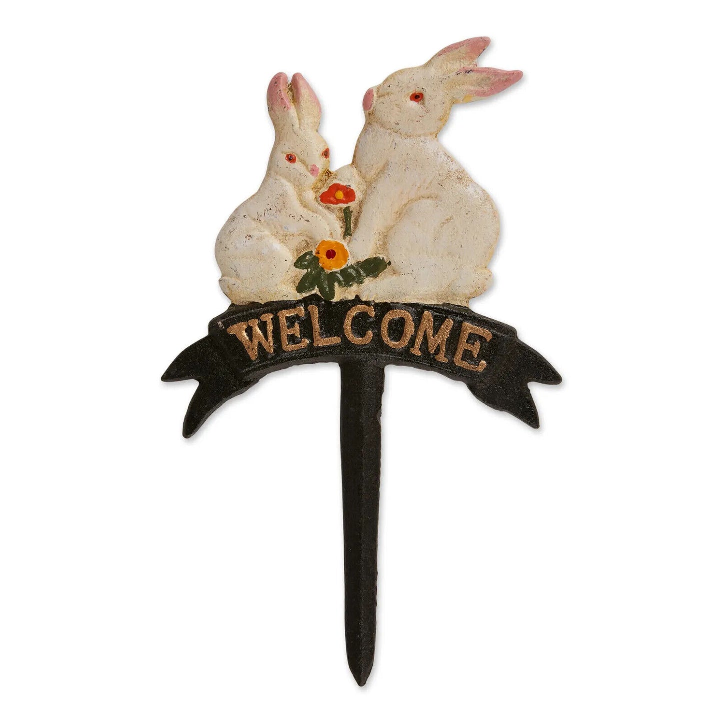 Rabbit Family Garden Stake Welcome Cast Iron Bunnies Yard Lawn Decor 10 3/4"