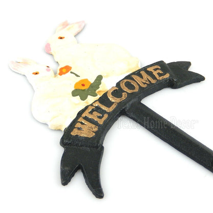 Rabbit Family Garden Stake Welcome Cast Iron Bunnies Yard Lawn Decor 10 3/4"