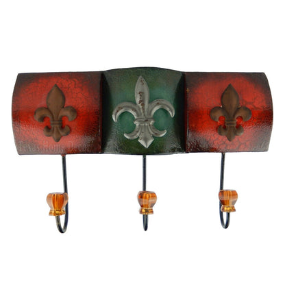 Fleur De Lis Coat Rack Metal Wall Hooks Jeweled Tips Red Green Rustic Finish