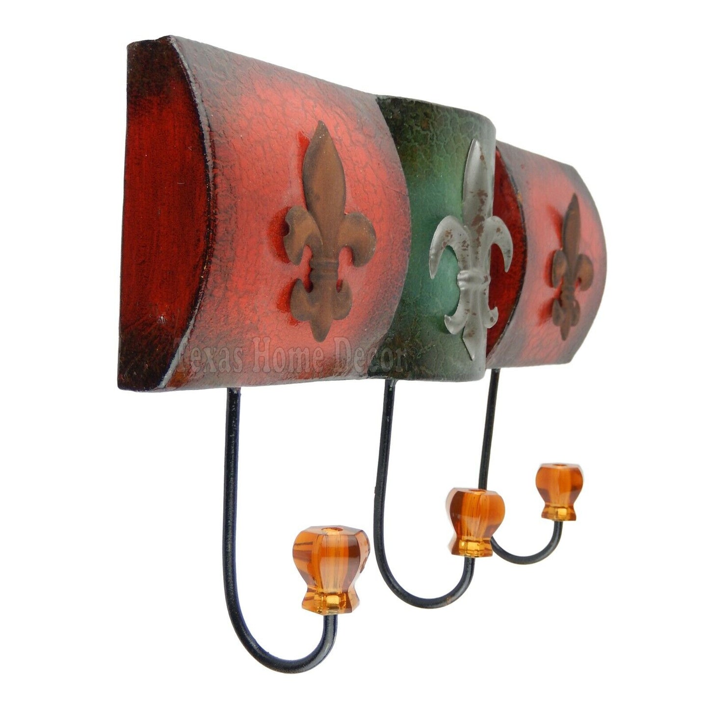 Fleur De Lis Coat Rack Metal Wall Hooks Jeweled Tips Red Green Rustic Finish