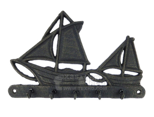 Sailboats Key Rack Nautical Wall Hooks Cast Iron Ocean Seaside Beach Decor