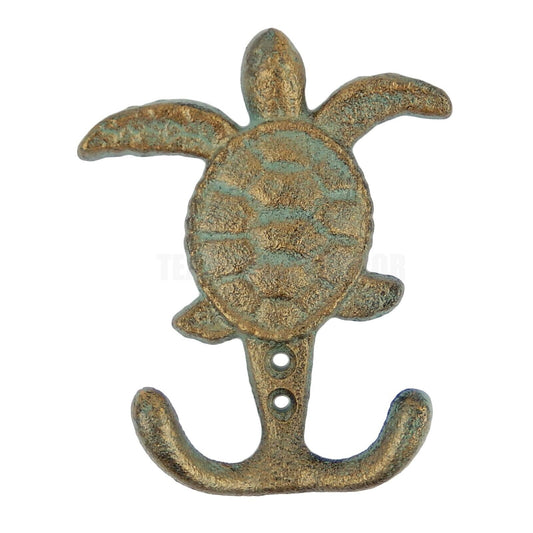 Sea Turtle Double Wall Hook Cast Iron Key Coat Towel Nautical Hanger Green Gold