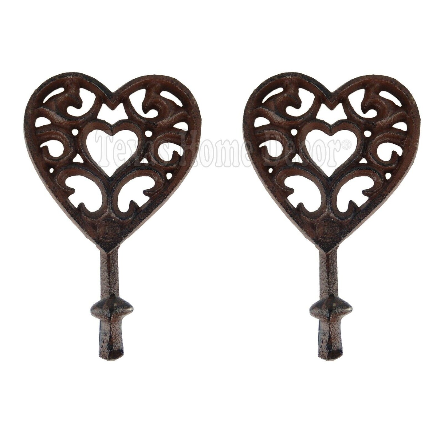 2 Heart Coat Hook Towel Hat Hanger Holder Rustic Cast Iron Ornate Antique Style