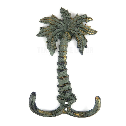 Cast Iron Palm Tree Double Wall Hook Key Towel Coat Hanger Verdigris Green Gold