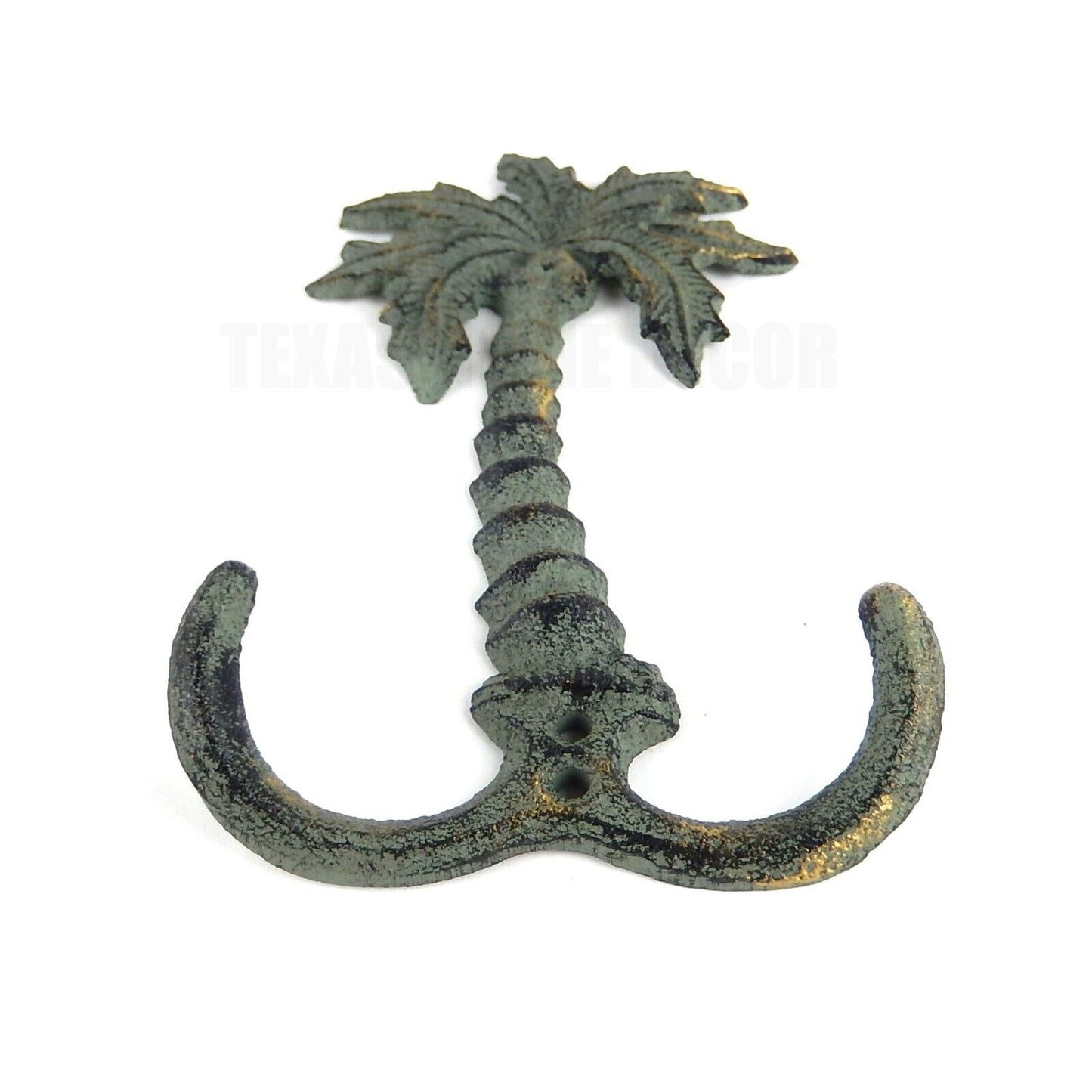 Cast Iron Palm Tree Double Wall Hook Key Towel Coat Hanger Verdigris Green Gold