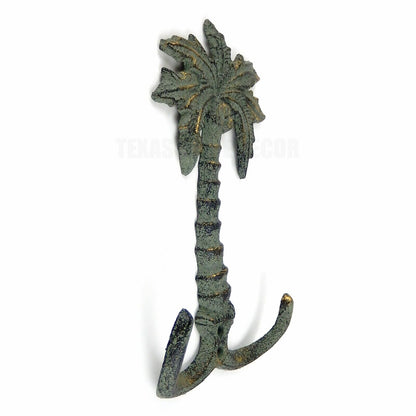 Cast Iron Palm Tree Double Wall Hook Key Towel Coat Hanger Verdigris Green Gold