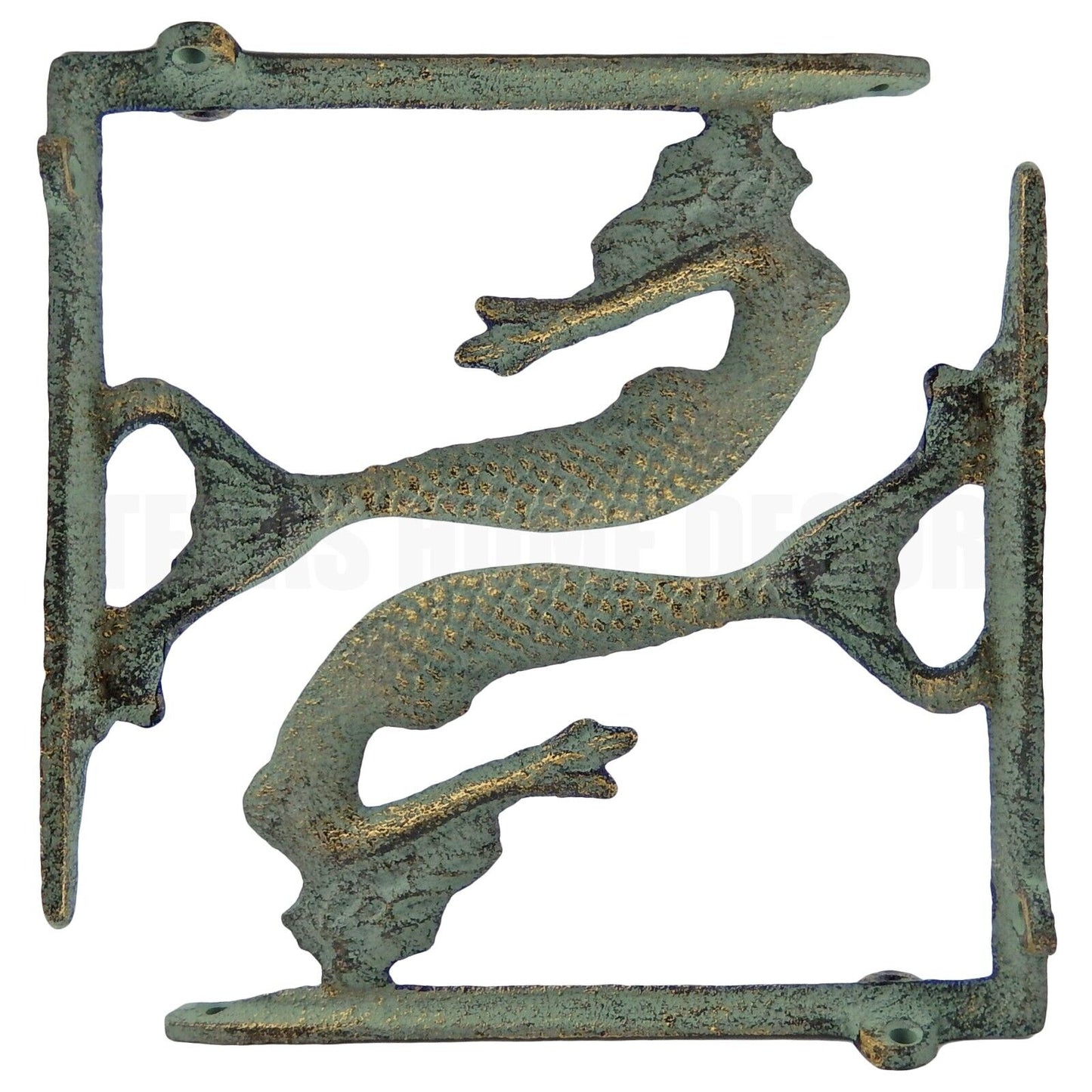 2 Mermaid Shelf Brackets Cast Iron Corner Braces Nautical Green Gold Patina