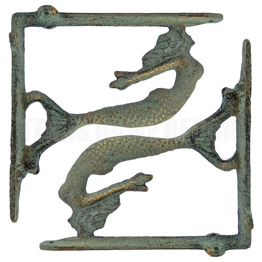 2 Mermaid Shelf Brackets Cast Iron Corner Braces Nautical Green Gold Patina