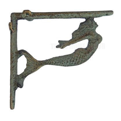 2 Mermaid Shelf Brackets Cast Iron Corner Braces Nautical Green Gold Patina