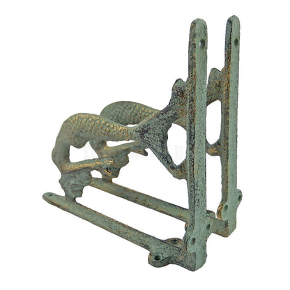 2 Mermaid Shelf Brackets Cast Iron Corner Braces Nautical Green Gold Patina