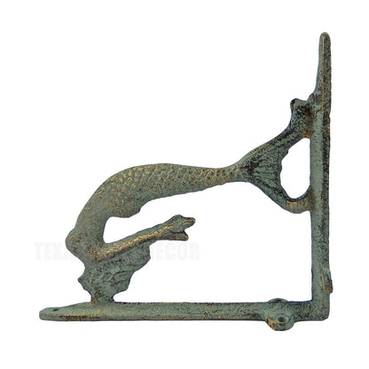 2 Mermaid Shelf Brackets Cast Iron Corner Braces Nautical Green Gold Patina