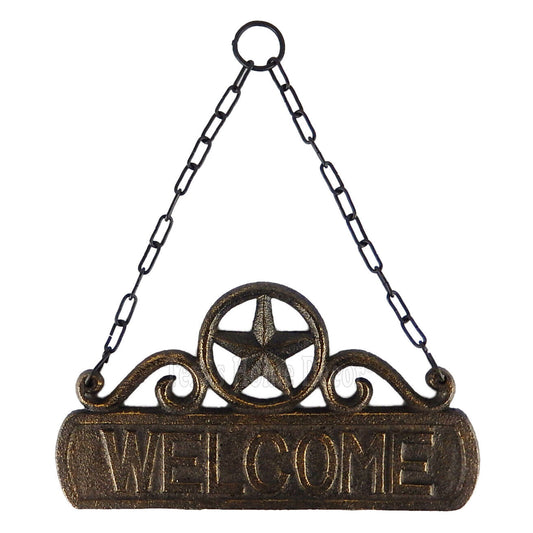 Star Welcome Sign Plaque Scrolls Cast Iron Wall Hanging with Chain Brown Gold