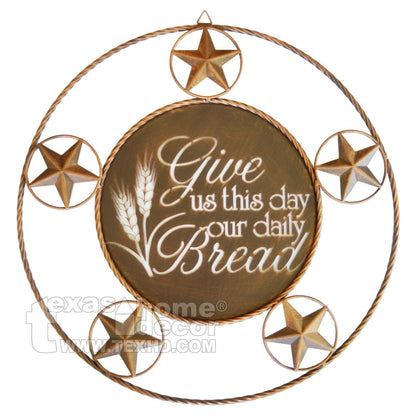 Give Us This Day Our Daily Bread Metal Wall Plaque Sign Stars Rope Rings 20.5"