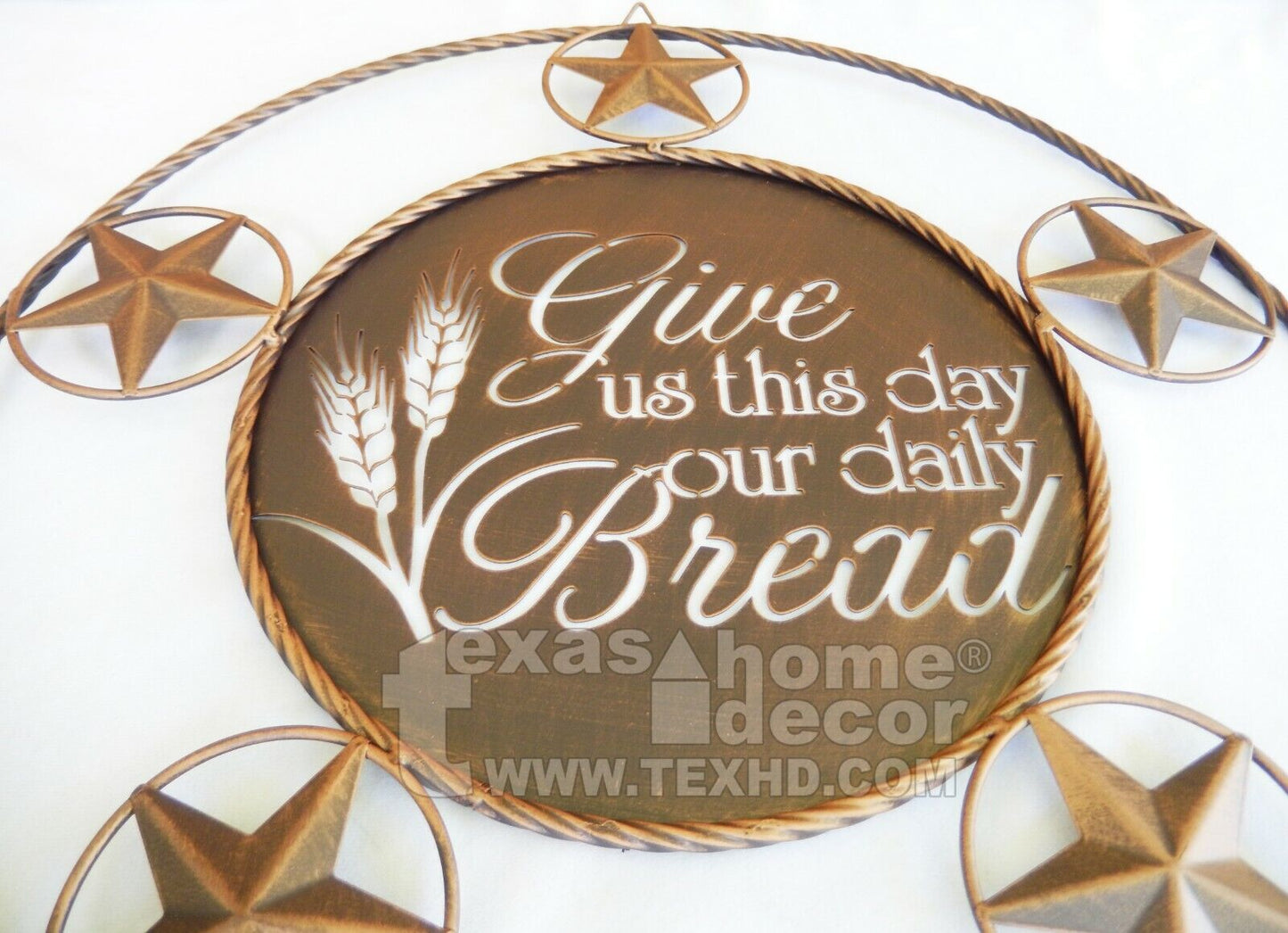 Give Us This Day Our Daily Bread Metal Wall Plaque Sign Stars Rope Rings 20.5"