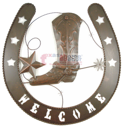 Welcome Sign Horseshoe Boot Stars Tin Metal Plaque Rustic Country Western Decor