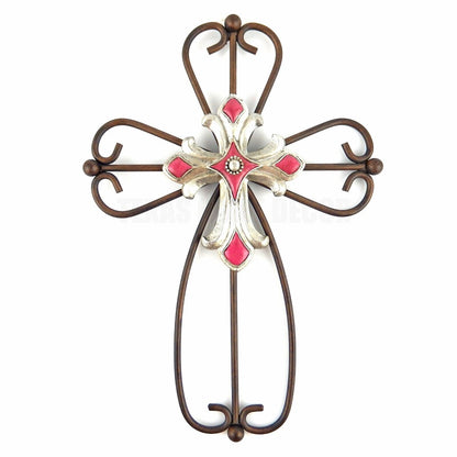 12" Wall Cross Metal Curly Round Bars Layer Silver Pink Fleur De Lis Western