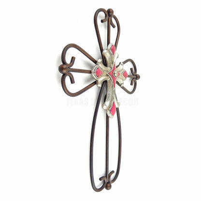 12" Wall Cross Metal Curly Round Bars Layer Silver Pink Fleur De Lis Western