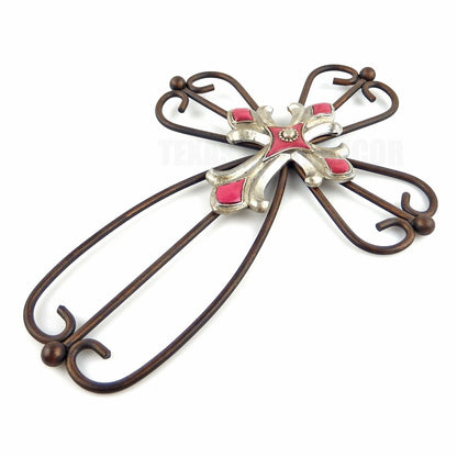 12" Wall Cross Metal Curly Round Bars Layer Silver Pink Fleur De Lis Western