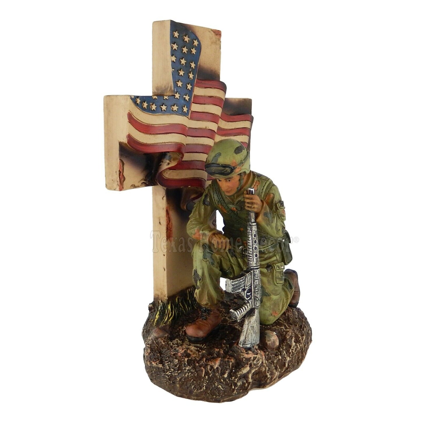 USA Flag Wall Cross Military Kneeling Soldier Rustic Weathered Finish Patriotic