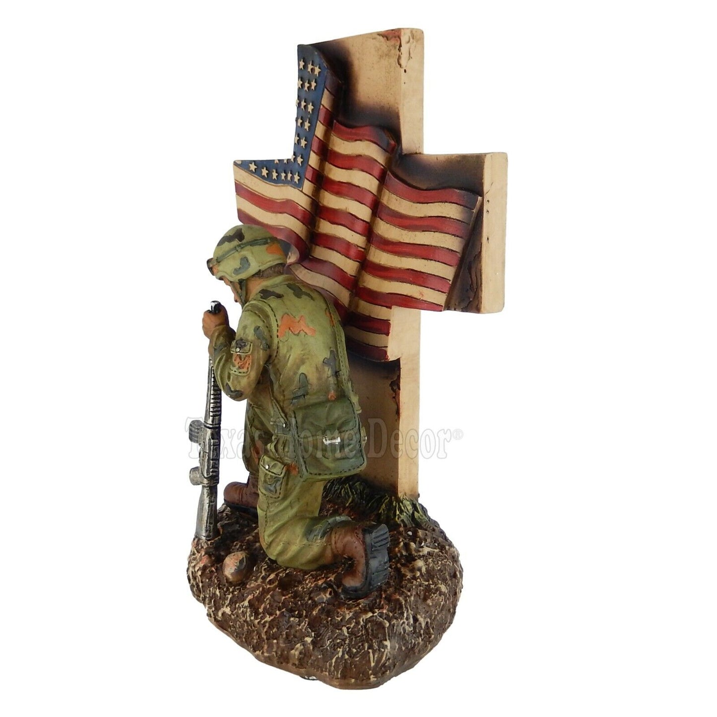 USA Flag Wall Cross Military Kneeling Soldier Rustic Weathered Finish Patriotic