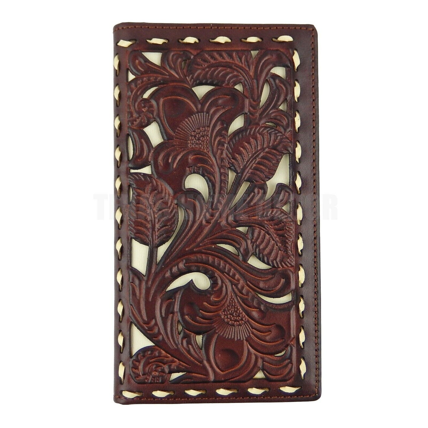 Western Rodeo Wallet Bi-Fold Genuine Dark Brown Leather Tooled Leaf Stitching