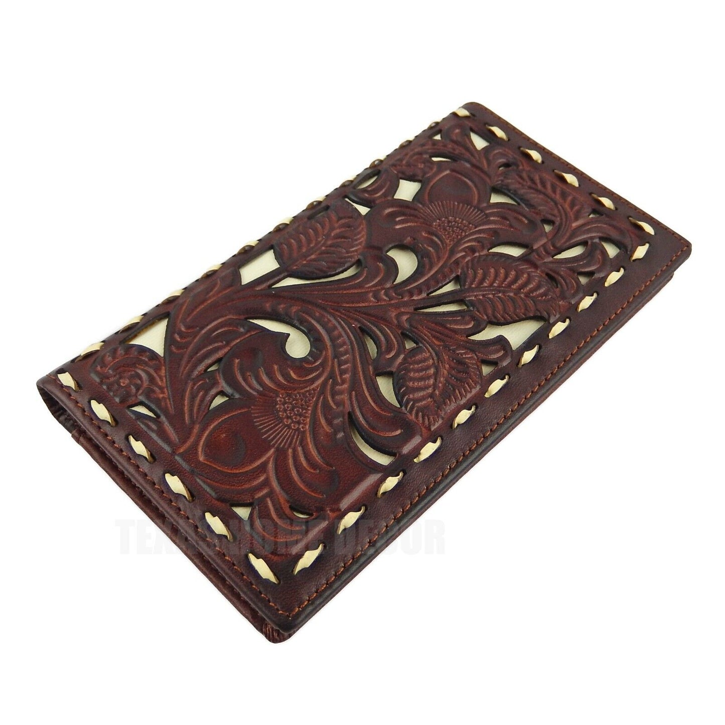 Western Rodeo Wallet Bi-Fold Genuine Dark Brown Leather Tooled Leaf Stitching