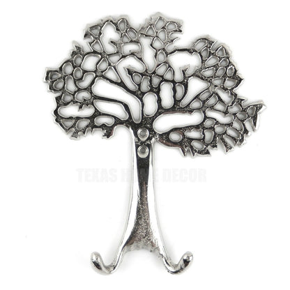 Tree of Life Wall Hook Plaque Coat Rack Key Towel Hanger Silver Polished 10 1/2"