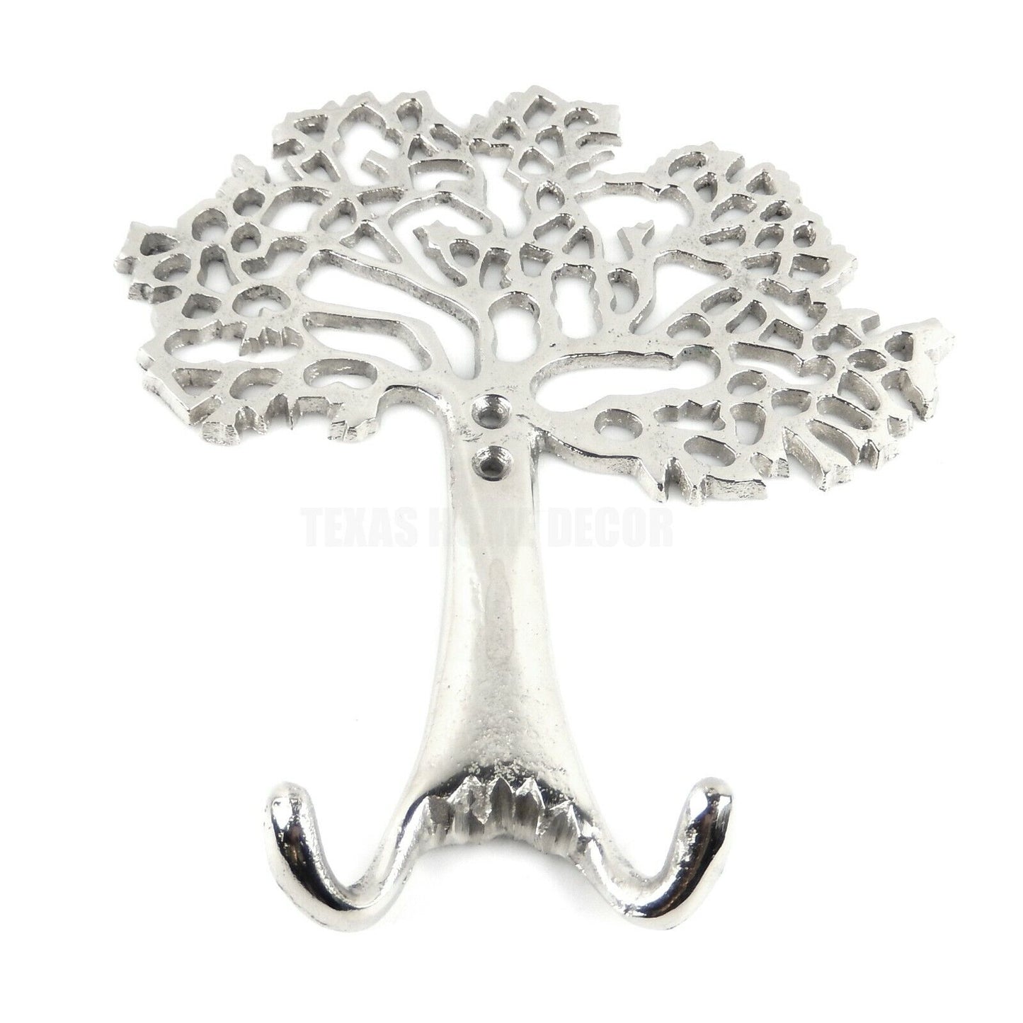 Tree of Life Wall Hook Plaque Coat Rack Key Towel Hanger Silver Polished 10 1/2"